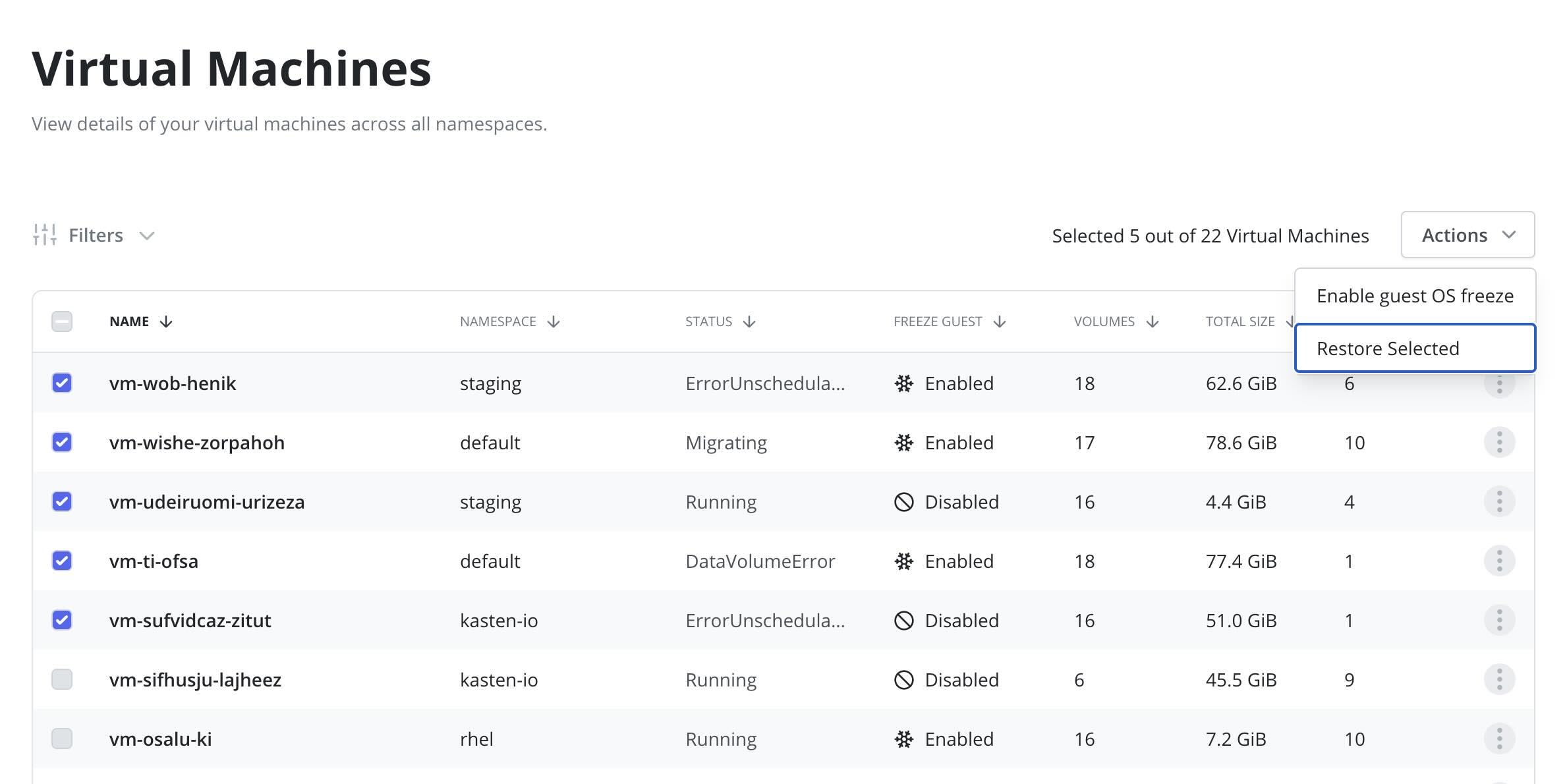 Virtual Machines dashboard showing selected VMs and restore options